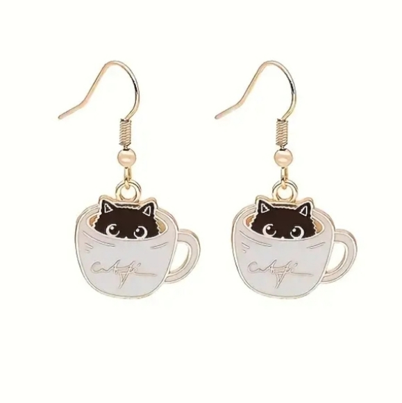 Black Cat in Coffee Cup Earrings - Picture 2 of 4